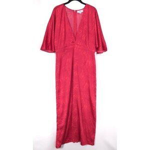 Fe Noel Women's Palm‎ Leaf Exaggerated Flutter Sleeve Maxi Dress Size 14 V Neck